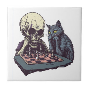 Schädel vs Katze � Lustiger Schachkampf Fliese