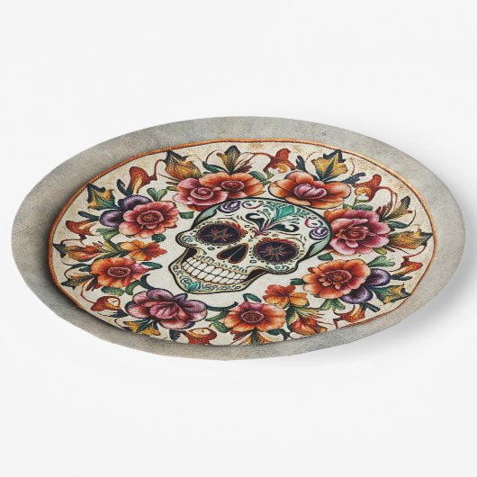 💀 🎉: Schädelblume Radiance Doom Día de los Muert Pappteller (Schrägansicht)