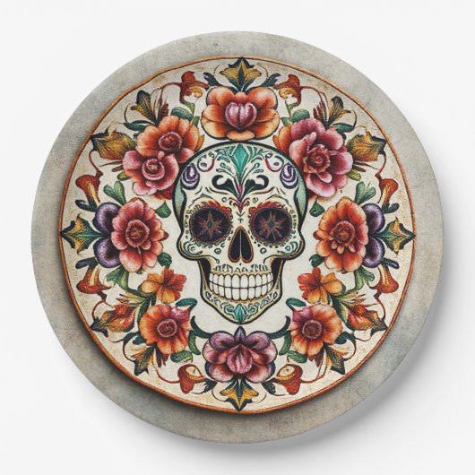 💀 🎉: Schädelblume Radiance Doom Día de los Muert Pappteller (Vorderseite)