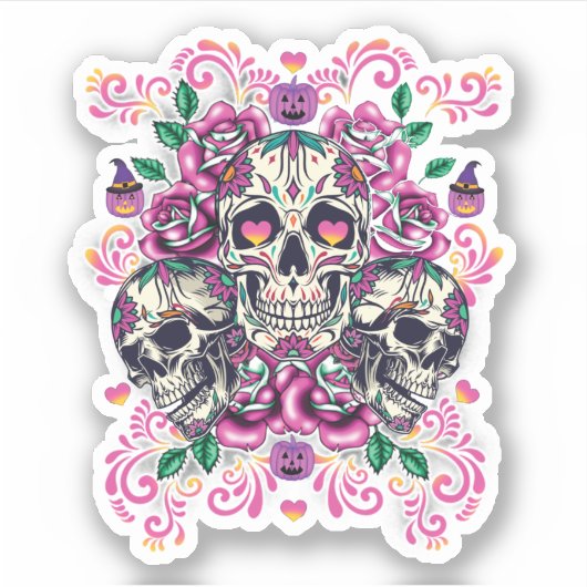 Schädelblume, Skelett Aquarellfarbe Rosa, Hallowee Aufkleber (Vorderseite)