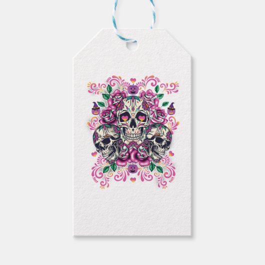 Schädelblume, Skelett Aquarellfarbe Rosa, Hallowee Geschenkanhänger (Vorderseite)