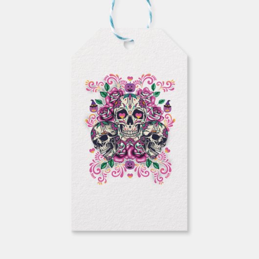 Schädelblume, Skelett Aquarellfarbe Rosa, Hallowee Geschenkanhänger (Rückseite)