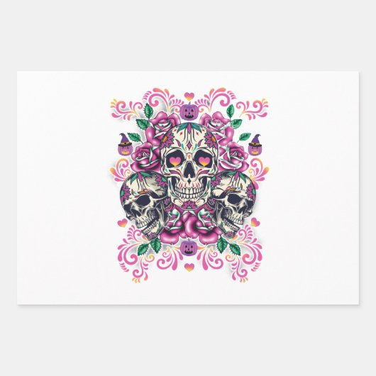 Schädelblume, Skelett Aquarellfarbe Rosa, Hallowee Geschenkpapier Set (Vorderseite 2)