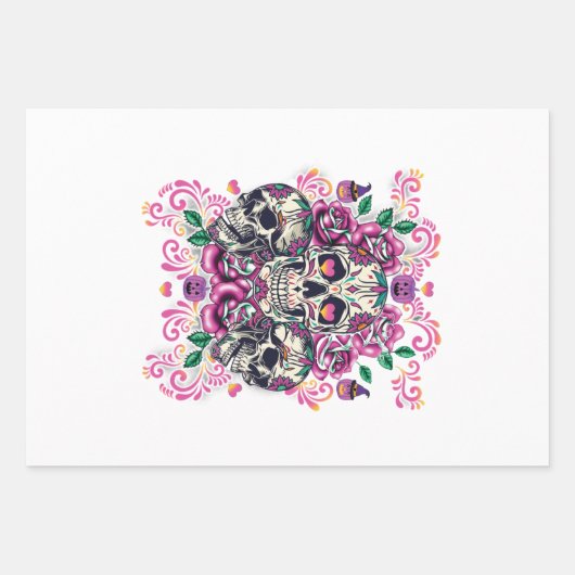 Schädelblume, Skelett Aquarellfarbe Rosa, Hallowee Geschenkpapier Set (Vorderseite)