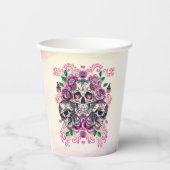 Schädelblume, Skelett Aquarellfarbe Rosa, Hallowee Pappbecher (Vorderseite)
