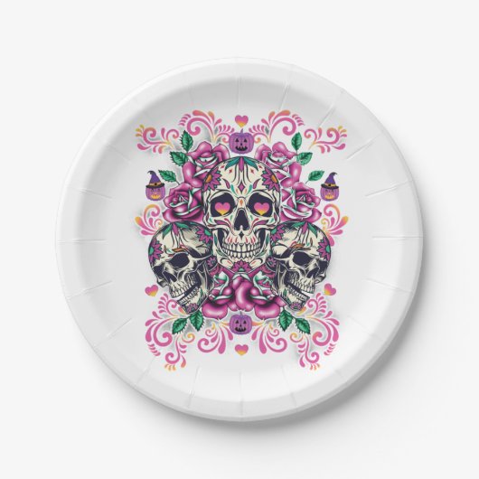 Schädelblume, Skelett Aquarellfarbe Rosa, Hallowee Pappteller (Vorderseite)