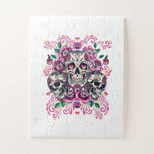 Schädelblume, Skelett Aquarellfarbe Rosa, Hallowee Puzzle