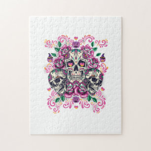 Schädelblume, Skelett Aquarellfarbe Rosa, Hallowee Puzzle