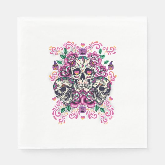 Schädelblume, Skelett Aquarellfarbe Rosa, Hallowee Serviette (Vorderseite)