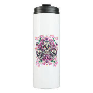 Schädelblume, Skelett Aquarellfarbe Rosa, Hallowee Thermosbecher
