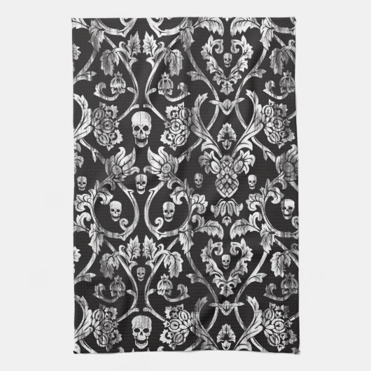 Schädeldamast in Schwarzweiss. Küchentuch (Vertikal)