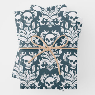 Schädelflammdamaske in glänzend weiß auf latzblau geschenkpapier set