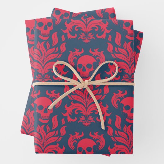 Schädelflammdamaske in rot auf blau geschenkpapier set (Beispiel)