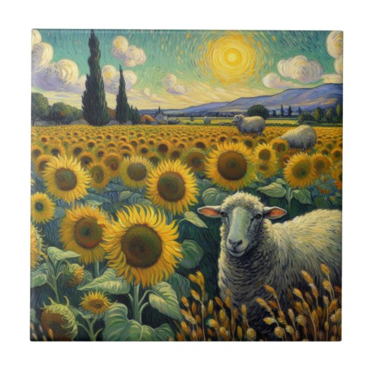Schaf im Sonnenblumenfeld Van Gogh Fliese (Vorderseite)