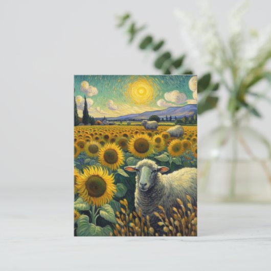 Schaf im Sonnenblumenfeld Van Gogh Postkarte (Stehend Vorderseite)