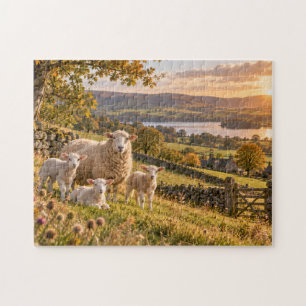 Schaf Lämmer Landschaft Sonnenuntergang Pastorale  Puzzle