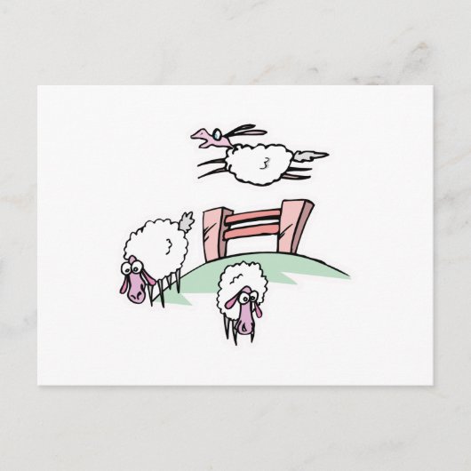 Schaf springt über Zaun Postkarte (Vorderseite)
