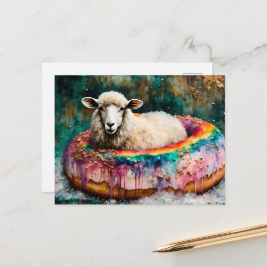 Schafe auf einem Regenbogenfarben Floating Doughnu Postkarte (Vorderseite/Rückseite Beispiel)