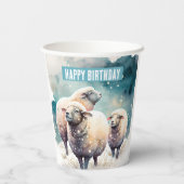 Schafe in einer verschneiten Landschaft - Geburtst Pappbecher (Rückseite)