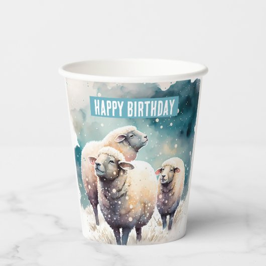 Schafe in einer verschneiten Landschaft - Geburtst Pappbecher (Rückseite)