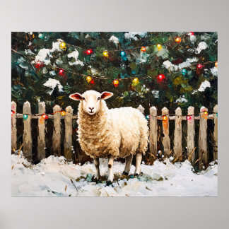 Schafe in einer weihnachtlichen Schneeszene Poster