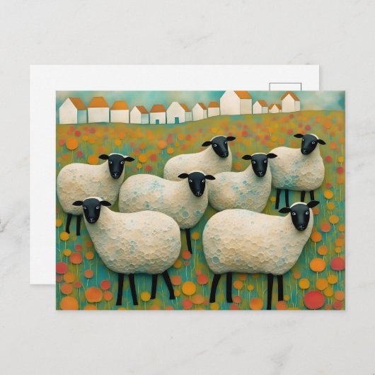 Schafe in kleinen Feldhäusern in einer Reihe Postkarte (Vorne/Hinten)