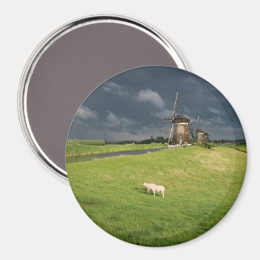 Schafe mit Windmühlen unter dunklen Wolken Magnet (Vorderseite/Rückseite)