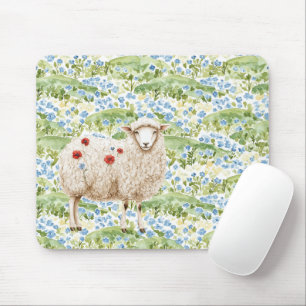 Schafe Rote Klatschmohn Blaue Blumen Wiese Mousepad