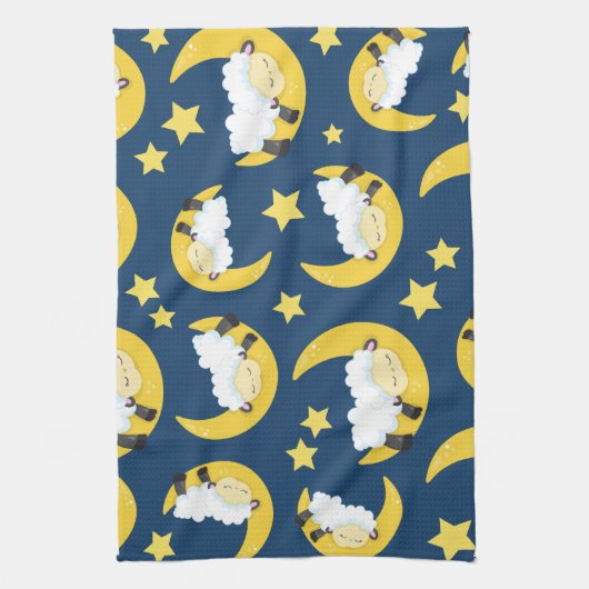 Schafe, schlafende Schafe, Mond, Sterne Geschirrtuch (Vertikal)