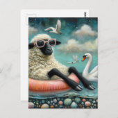 Schafe schwimmen in einem See mit Schwänen Postkarte (Vorne/Hinten)