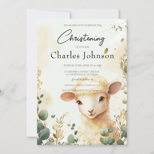 Schafe und grüne Blume - Son Christening Einladung (Vorderseite)