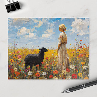 Schafe und Hirten mit Wildblumen Postkarte
