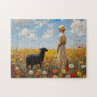 Schafe und Hirten mit Wildblumen Puzzle