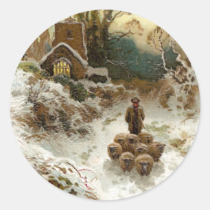 Schäfer hütet Schafe Vintage Weihnachten Runder Aufkleber