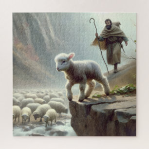 Schäfer jagt ein verlorenes Lamm auf einer Bergkli Puzzle