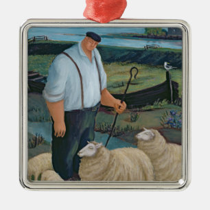 Schäfer mit Schafen in der Fluss-Landschaft Silbernes Ornament