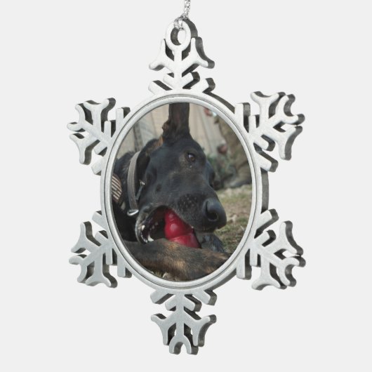 Schäferhund, der mit Hundespielzeug spielt Schneeflocken Zinn-Ornament (Rechts)