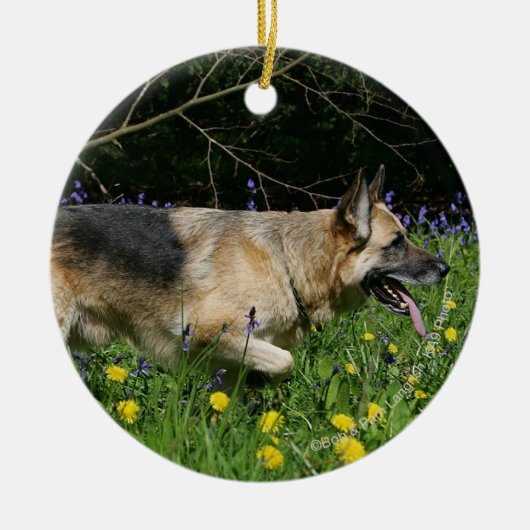 Schäferhund in den gelben Blumen Keramik Ornament (Vorne)