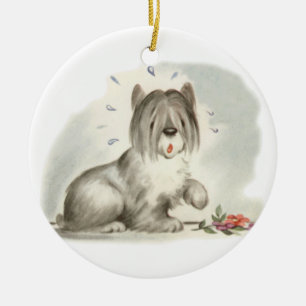 Schäferhund-Welpe mit rosa Blume Keramik Ornament