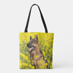 Schäferhunde auf dem Gebiet der gelben Tasche