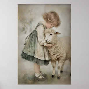 Schäferin und Schafe Antik Druck, Lamm Rustikal Poster