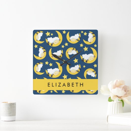 Schafmuster, schlafende Schafe, Mond, Ihr Name Quadratische Wanduhr (Zuhause)