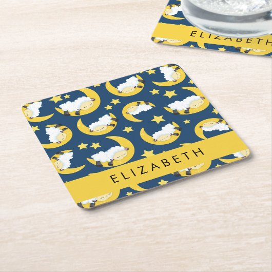 Schafmuster, schlafende Schafe, Mond, Ihr Name Rechteckiger Pappuntersetzer (angewinkelt)
