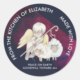 Schafzüchter Engel mit 2 Lämmern Pastorale Küche Runder Aufkleber