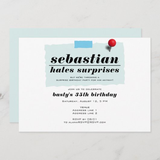 Schah! Funny hasst Überraschungen Moderne Geburtst Einladung (Vorne/Hinten)