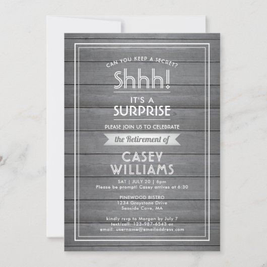 Schah! Überraschungsruhende Graue Imitate Holz rus Einladung (Vorderseite)