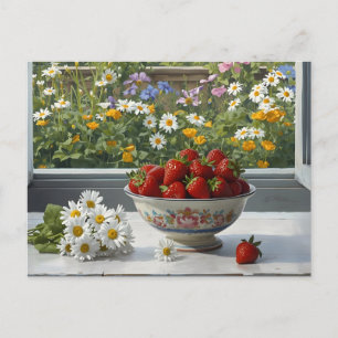 Schale mit frischen Erdbeeren und Gänseblümchen  Postkarte