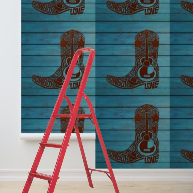 Schale und Stick brauner Cowboy Stiefel Western bl Tapete (Peel and Stick brown cowboy boot western blue wood Wallpaper)