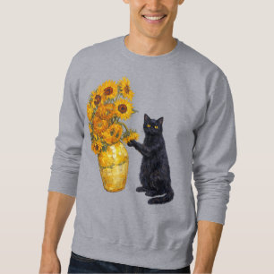 Schalkhafte schwarze Katze Sonnenblumen Kunst – Va Sweatshirt