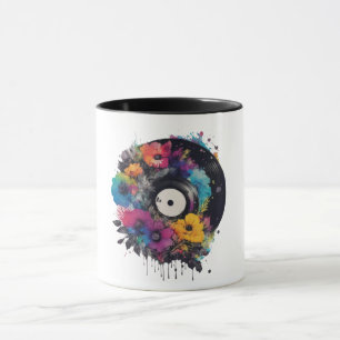 Schallplatte mit farbenfrohen Blumen Tasse